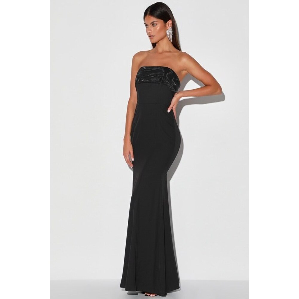 Lulu's Black Strapless Maxi Gown with Satin Bodice Detail
